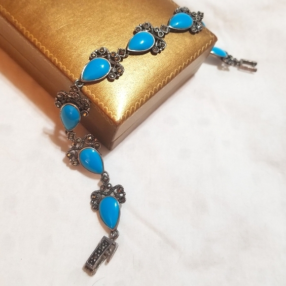 Persian Turquoise Marcasite Antique Sterling Silver Bracelet - Picture 2 of 8